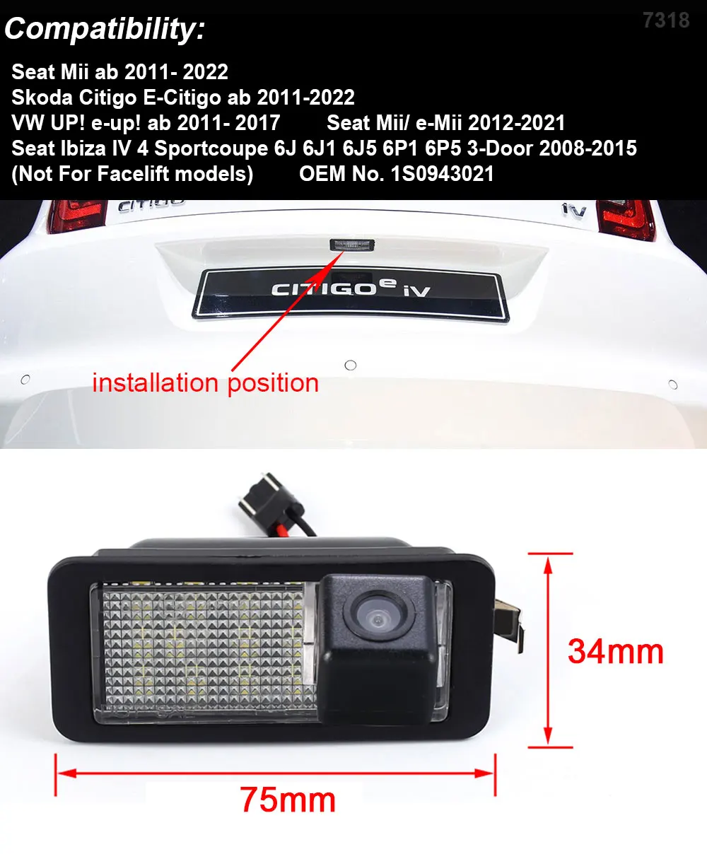 

for Seat Ibiza V 4 Sportcoupe 6J 6J1 6J5 6P1 6P5 3-Door 2008-2015 HD night vision whit LED License plate lamp reverse car camera