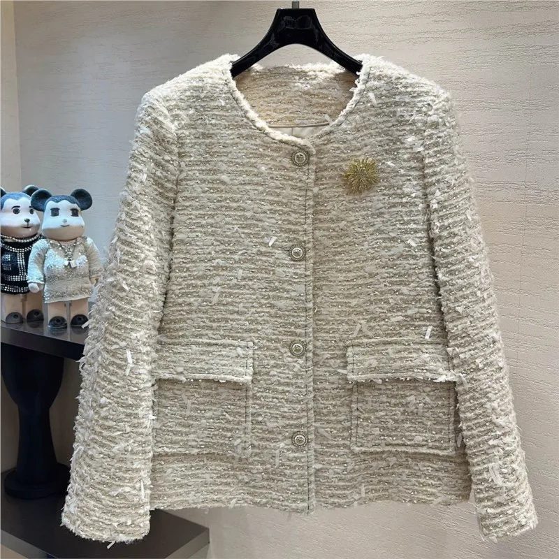 Women Elegant Tweed Jacket Cream White Fringe Boucle Coat Soft Texture Long Sleeve Round Neck Pearl Button Outerwear Office Lady