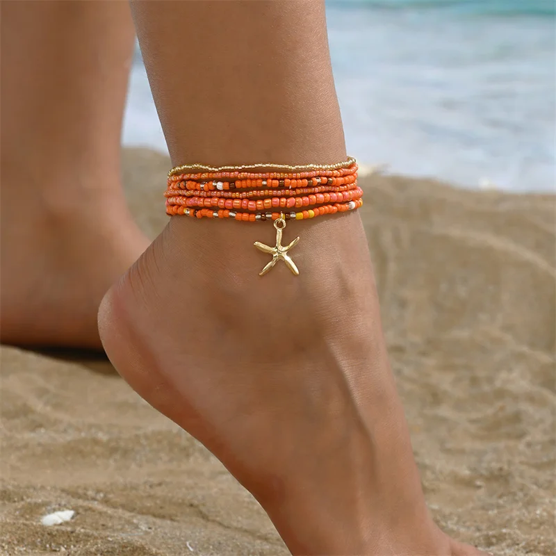 Colorful Starfish Pendant Rice Beads Beaded Anklet for Women Summer Fashion Multi-layer Bracelet Anklet Bohemian Leg Jewelry