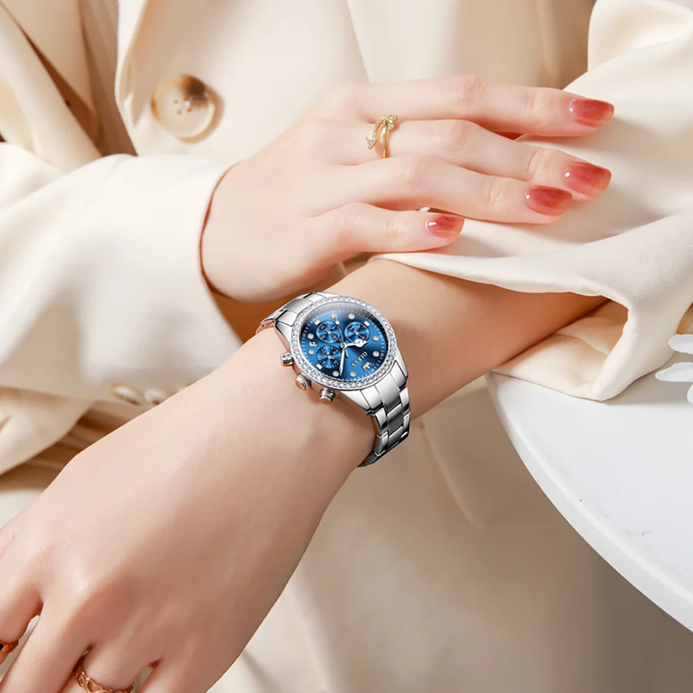 OLEVS-Reloj de pulsera con diamantes de imitación para mujer, accesorio de marca de lujo, color azul y plateado, nuevo