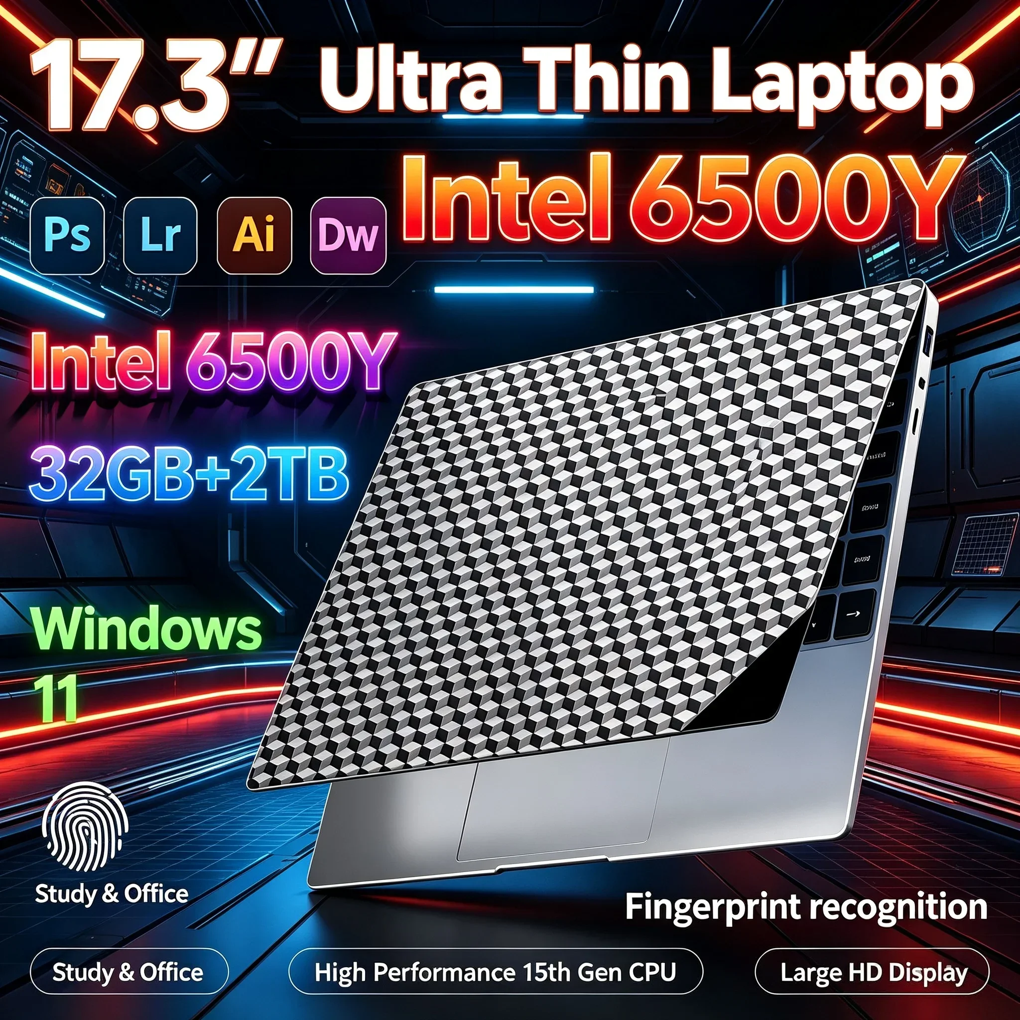 New 17.3'' Inch HD Portable Large Display Notebook Intel 6500Y 32GB RAM 1TB 2TB SSD Win11 WiFi6 BT5.2 Laptop For Daily Work Use