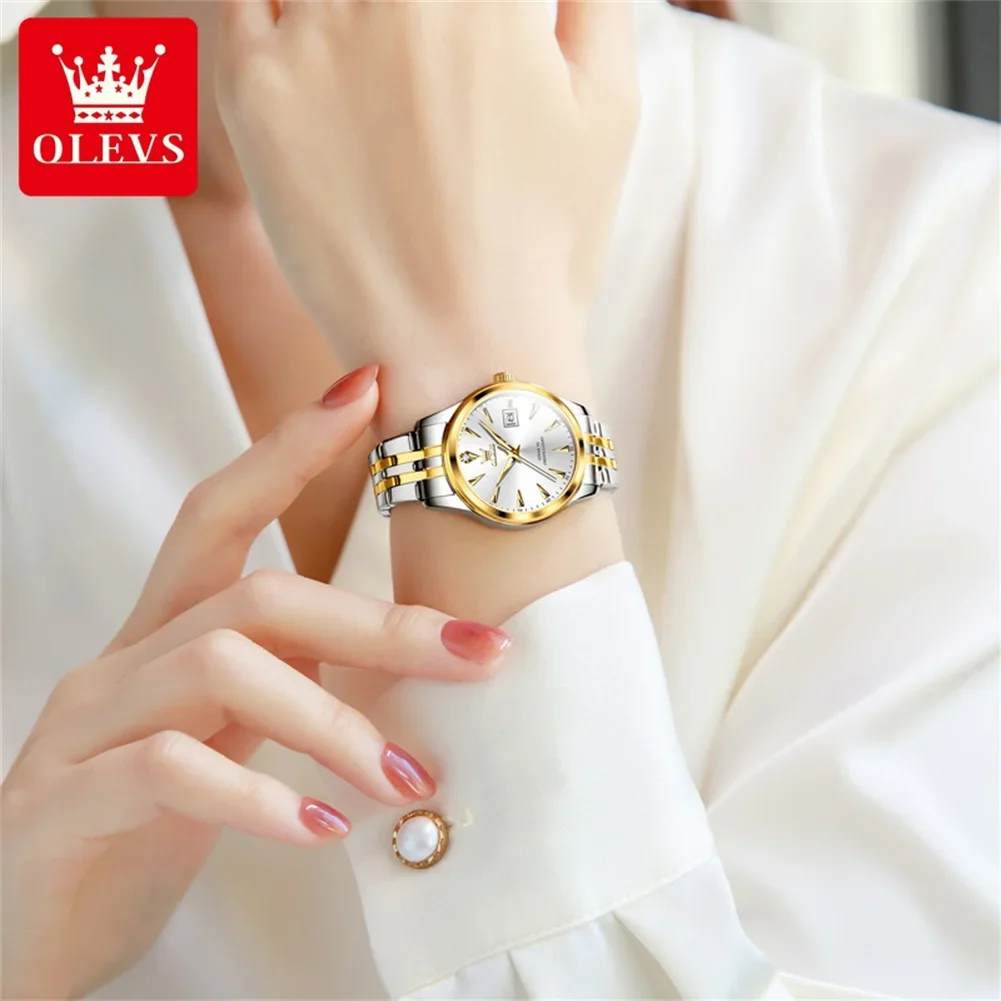 Olevs elegante relógio de quartzo original para mulheres luxo aço inoxidável relógio feminino à prova dwaterproof água luminosa data moda relógio de pulso