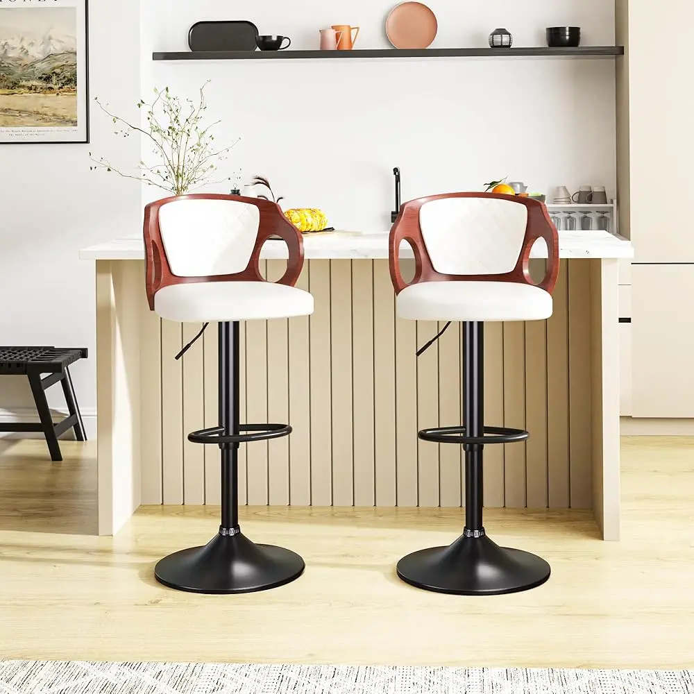 Barstools Set Of 2,Counter Height Stools With Bentwood Back&Arm, Swivel Barstools,Pu Leather Kitchen Island Stools, Adjustable