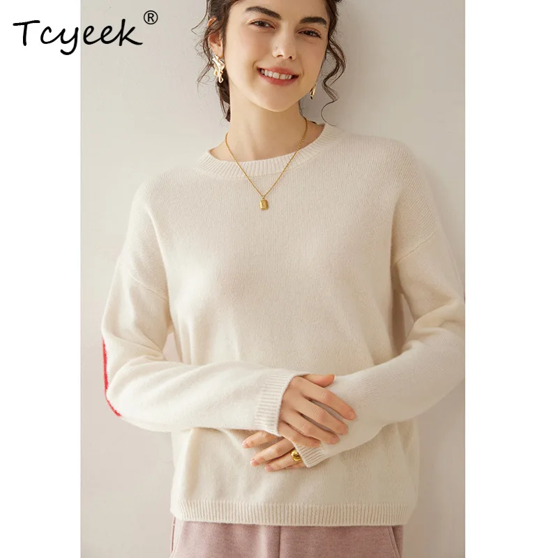 

Tcyeek, 100%Goat Cashmere Elegant Sweater, Women O Neck Patchwork, French Thicken Pullovers, Autumn Winter Knit Top T48966QC