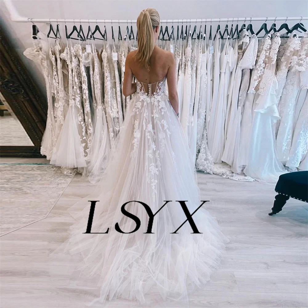 LSYX vestido de novia blanco de tul sin tirantes, apliques de línea a, ilusión trasera, tren de corte, hecho a medida