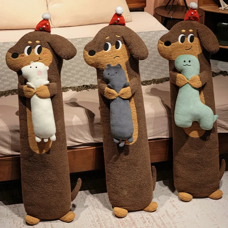 90/120CM Kawaii Long Sausage Dog Plush Pillow Cartoon Dachshund Holding Cat Bear Dinosaur Plush Toy Sleep Cushion Birthday Gift