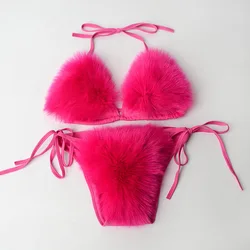 Trajes de baño de dos piezas de piel de zorro falsa para mujer, ropa interior con sujetador sólido, conjunto de Bikini Sexy de triángulo dividido, traje de baño de piel sintética, traje de baño de felpa