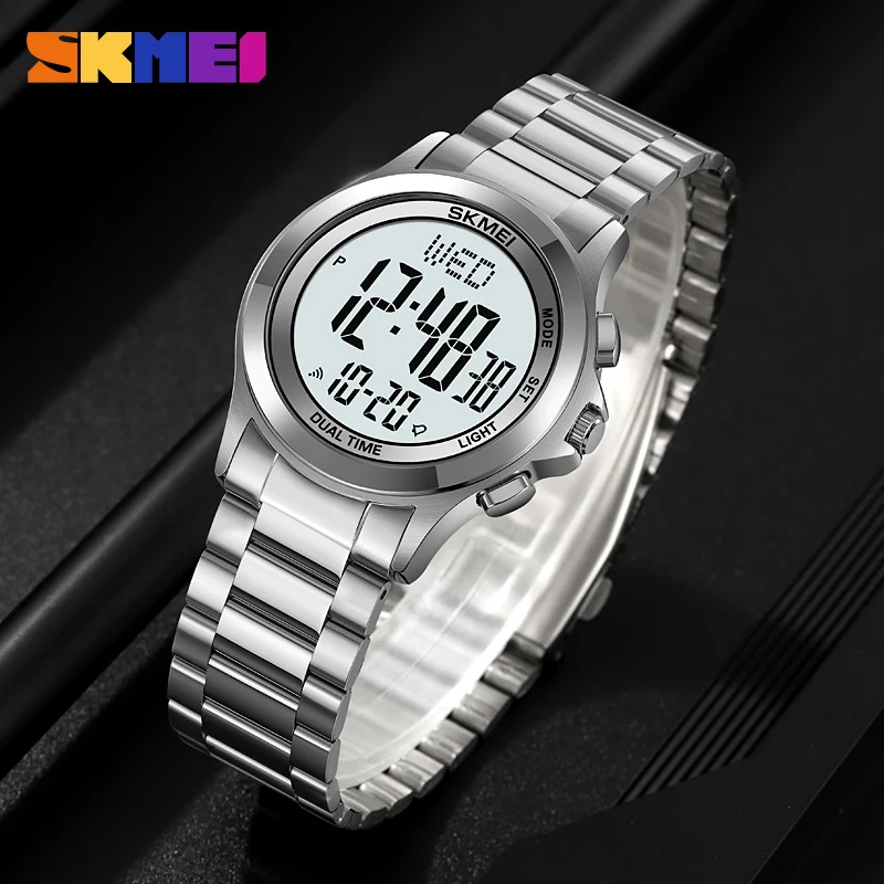 SKMEI Stainless Steel Digital Watch Fashion Men\'s Wristwatch Countdown Stopwatch 2Time Waterproof Free Shipping