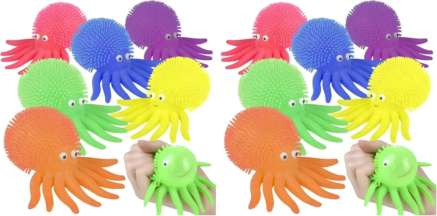 Puffer Octopus Set of 6, Fidget Toys Kids Soft Rubbery Spikes, Stress Relief Assorted Colors, Party Favors Goodie Bags