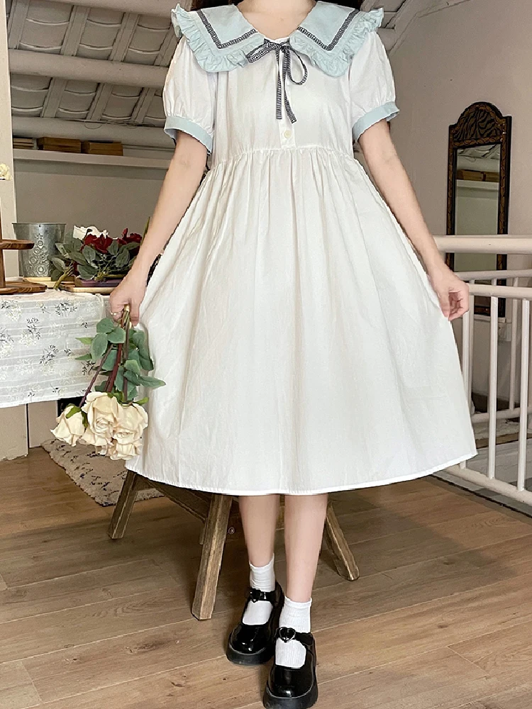 

Spring Sweet Elegant White Blue Pink Preppy Style Fairy Dress Women A-Line Lace Up Short Sleeve Loose Mid Dresses Female 2023