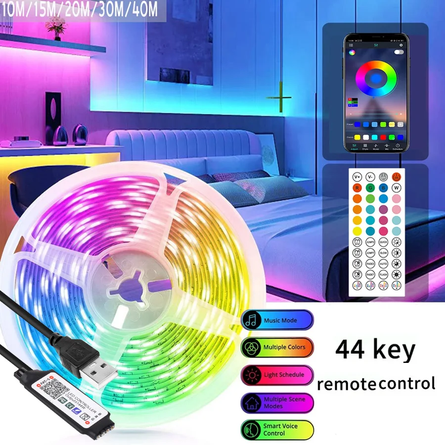 RGB 5050 DC5V USB Bluetooth Led Strip Lights Tape With 44Keys Remote Control Color Change Lamp for Christmas Bedroom Decoration