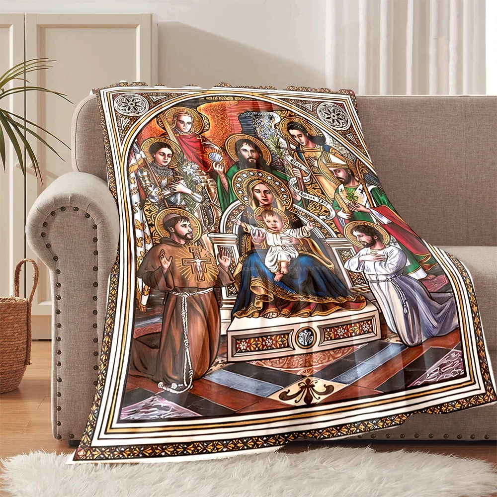 Religious mural Virgin and saints Faith-printed Flannel Blanket Soft and Warm Suitable for Home Travel Picnics Camping and RV