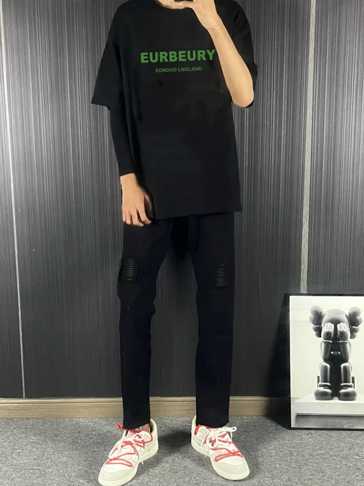 

Heavy Du Patchwork Denim Jeans Men's Summer Break Hole Slim Fit Straight Leg Design Bla Patchwork Long Pants