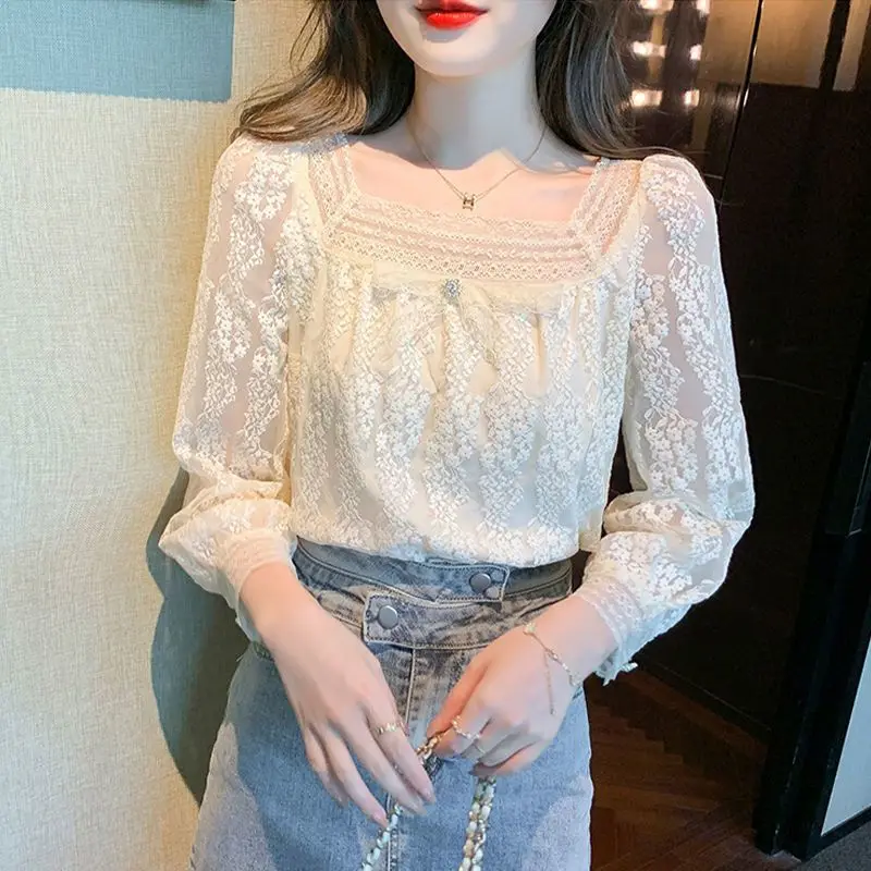 Women Stylish Lace Patchwork Sweet Blouses Square Collar Elegant Chic Shirts Casual Solid Loose Long Sleeve Tops Blusas De Mujer