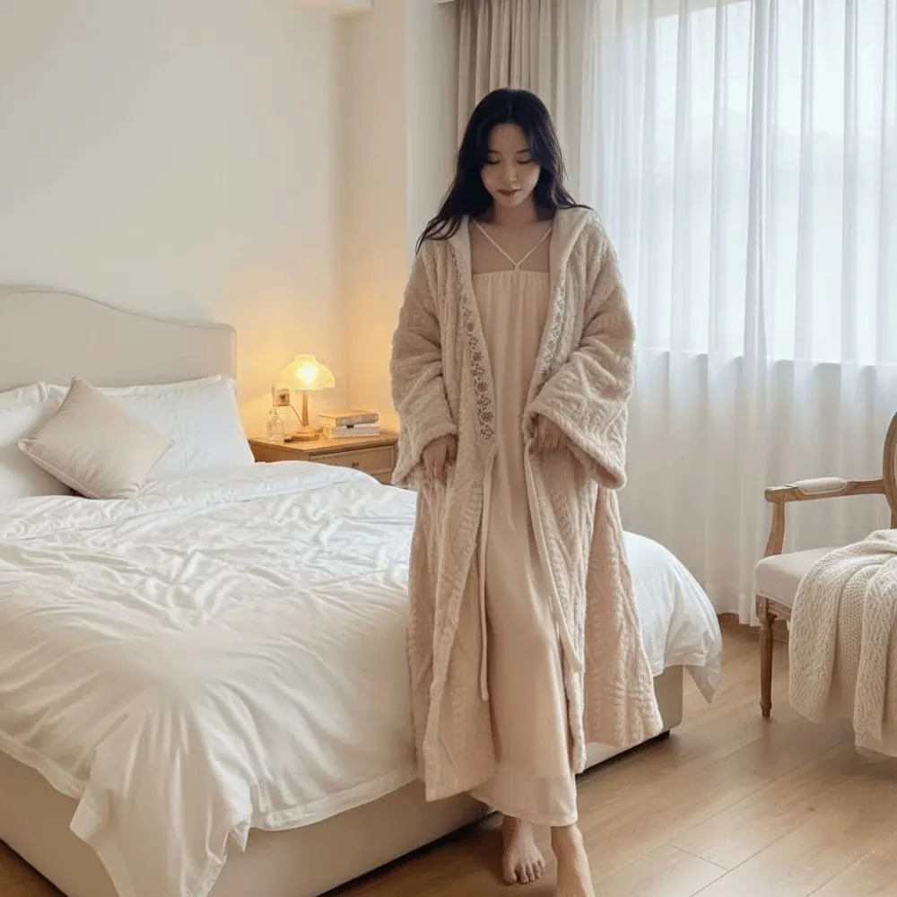 Cute Flower Coral Fleece Sleepwear Thick Warm Flannel Long Sleeves Night-robe Winter Sweet Pajamas Robe Women Sleepwear