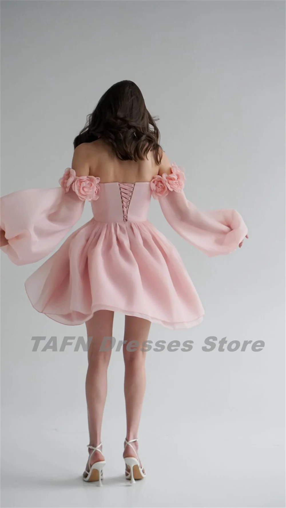 TAFN Princess Pink Party Gown plissettate Flowers Off the Shoulder maniche lunghe abiti da ballo a-line drappeggiati vestidos de festa Lace-up