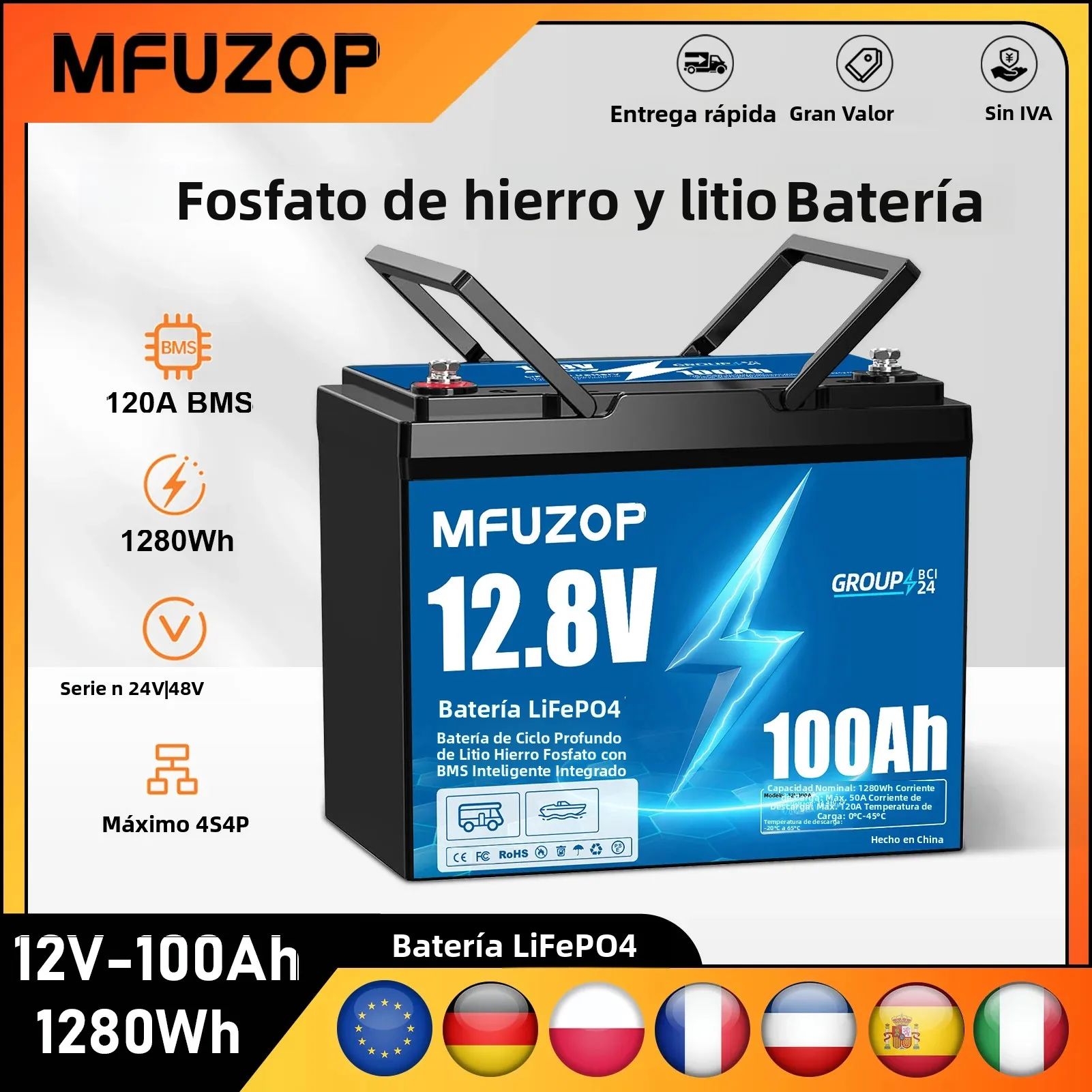 Batería LiFePO4 MFUZOP de 1280 Wh con Sistema BMS Inteligente 4P4S para RV y Hogar, Batería Recargable de Almacenamiento de Energía Solar de 12 V y 100 Ah, 1280 Wh
