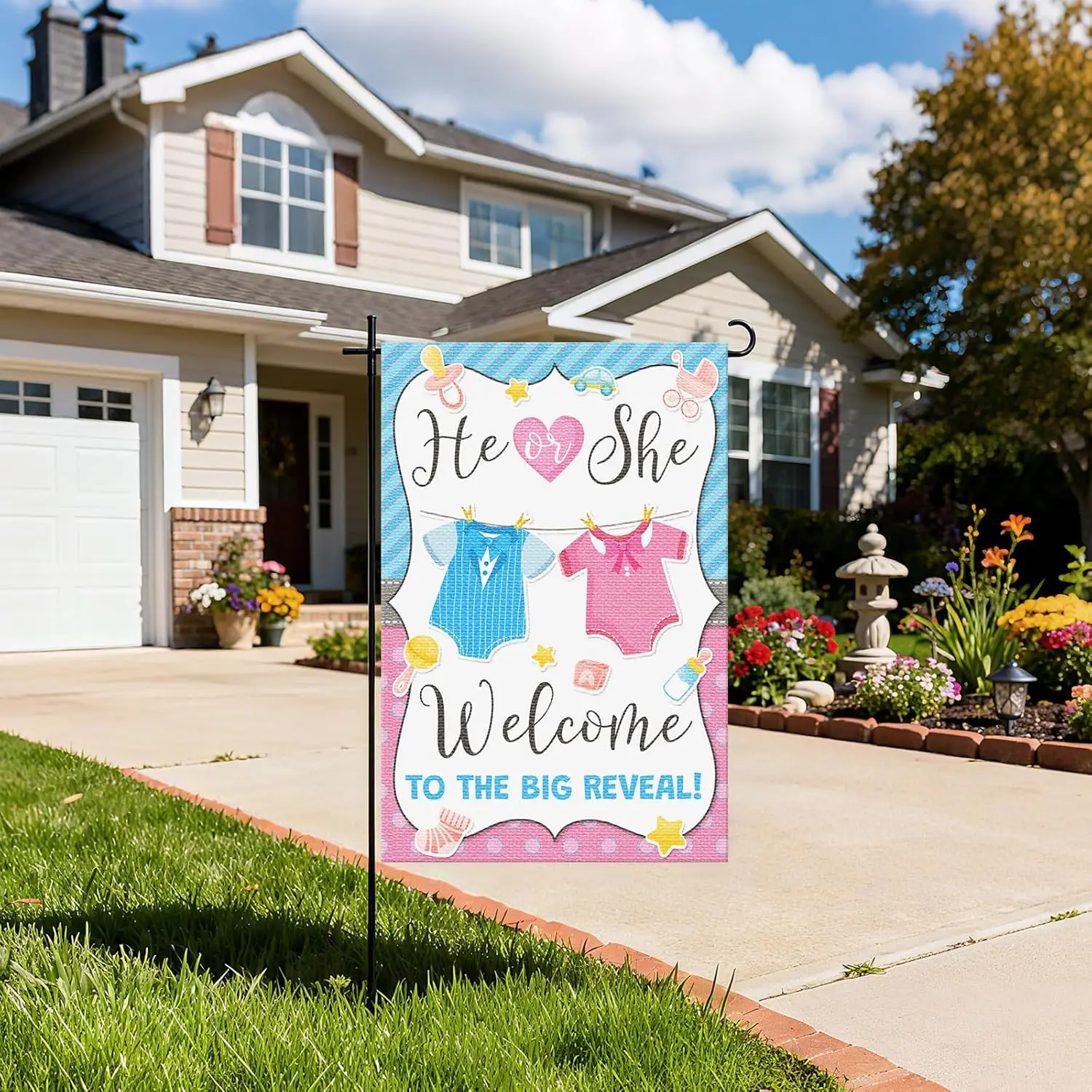 Gender Reveal He or She Garden Flag, Pregnancy Announcement Party Farmhouse Yard Flag Baby Shower Party Outdoor Indoor Decor ZZM