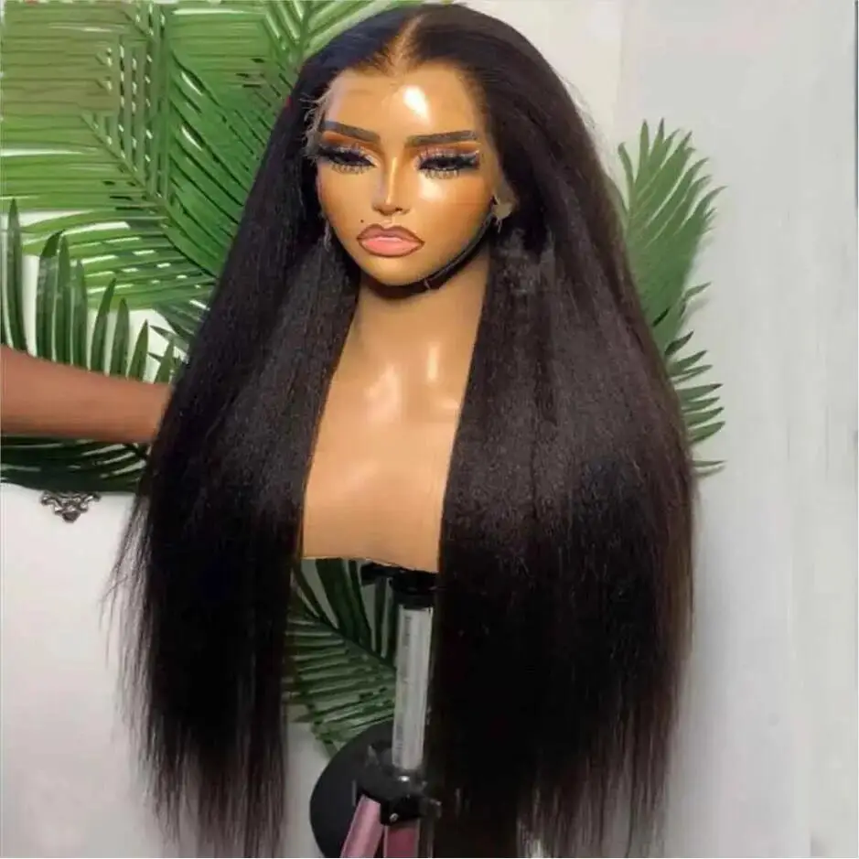 Natural Black 180Density 26“Yaki Kinky Straight Soft Glueless  Lace Front Wig For Women With Baby Hair Preplucked Heat Resistant