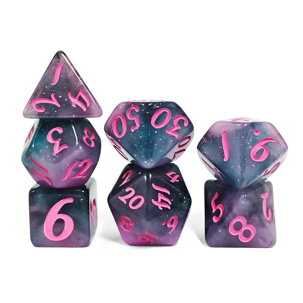 Galaxy Gradient Resin Polyhedral Dice Set 7Pcs, Purple Blue Sparkly Dice with Pink Ink for DND RPG Games