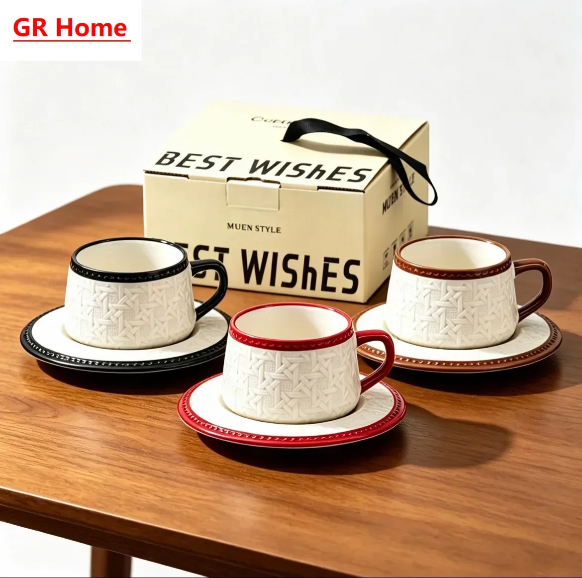 Stylish French Retro Rattan Cup Set, Ceramic Coffee & Tea Cups with Saucer, Color Boxed as Festival & Daily Presents