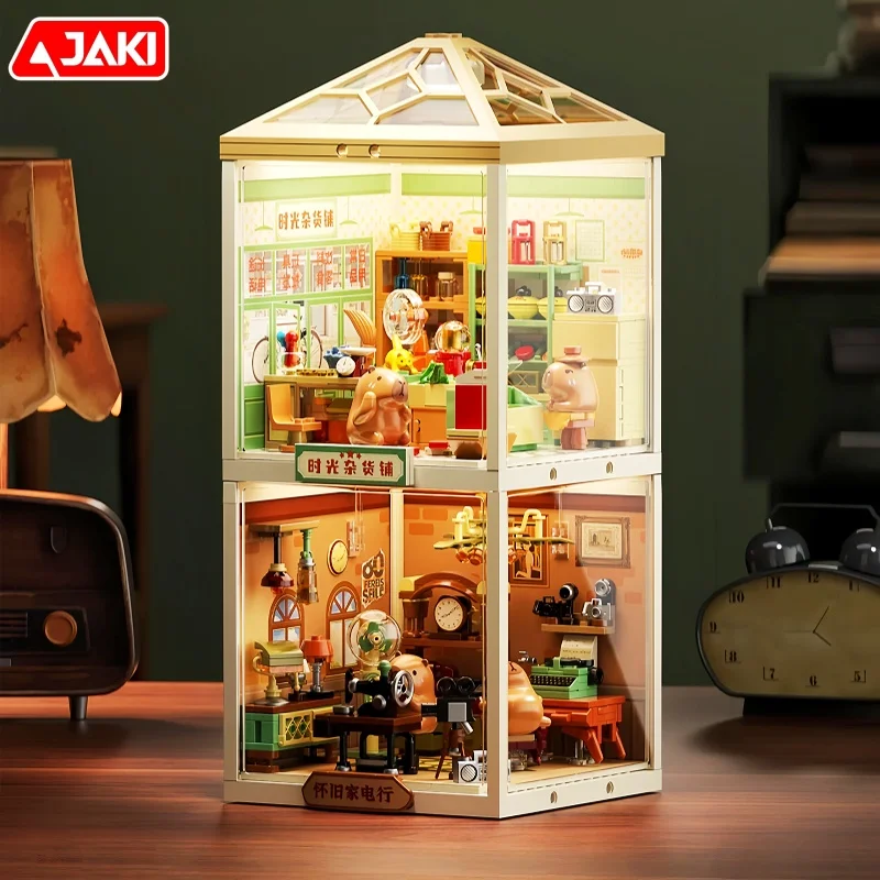 Jaki blocos de construção capivara retro combinação ornamentos em miniatura cena rua modelo lazer dos desenhos animados quebra-cabeça apresenta brinquedos