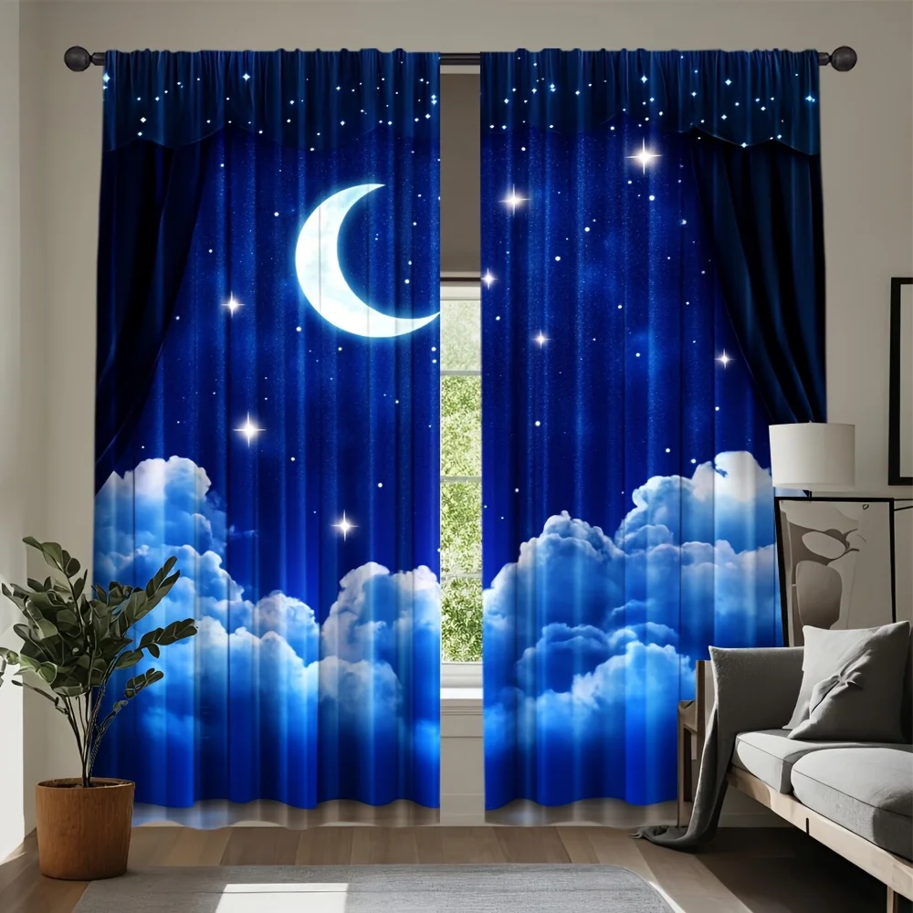 Blue Crescent Moon Star Cloud Curtain Panels,Dreamy Night Sky White Cloud Cosmic Digital Print Drapes for Bedroom Kids Room Home