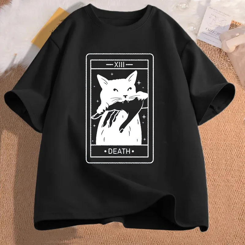 Tarot Death Witch Cat T-shirt Women's Fun Tarot T-shirt Cat Mom T-shirt Crazy Lover Cat Lady T-shirt Clothing Women Clothing Y2K
