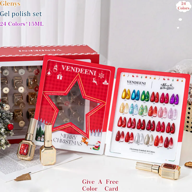 Glenys 24 color Christmas cat's eye nail polish glue red hot festive immersion gel color card UV LED nail salon art varnish set