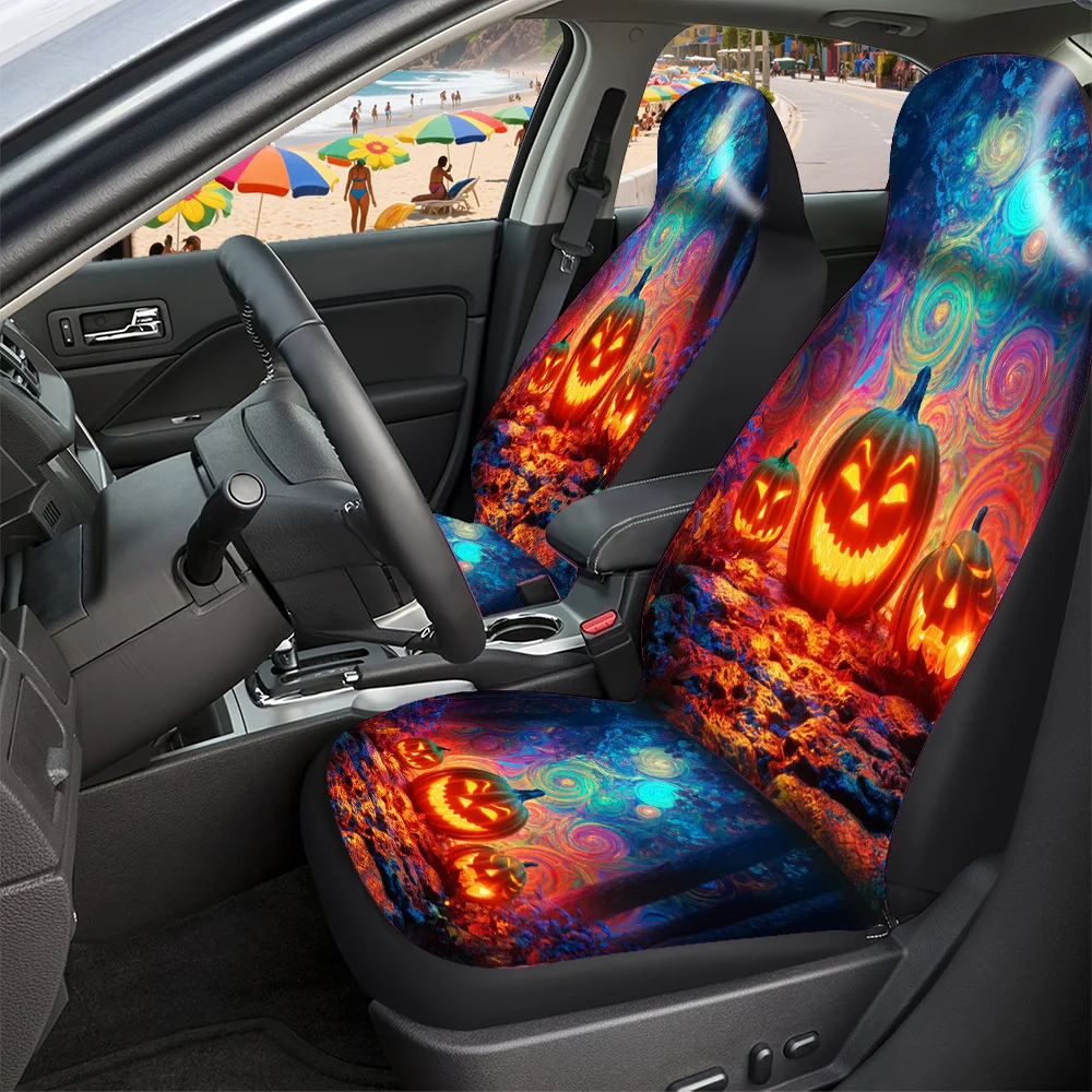 Car Seat Covers - Halloween Pumpkins Spiral Patterns Forest Scene PolyesterSUV Halloween Christmas New Year Easter Fit Auto Sea
