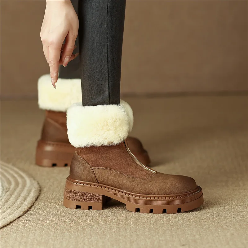 FEDONAS 2025 Women Snow Ankle Boots Front Zipper Winter Warm Thick Plush Leisure Working Genuine Leather Thick Heels Shoes Woman