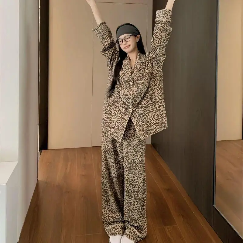 

Hot Young Girl Leopard Print Pajamas Sets Princess Long Sleeved Leisure Wear Spring Autumn Home Clothes Outerwear Dopamine New