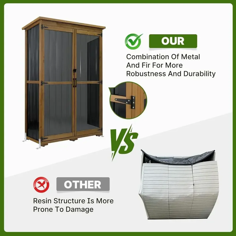 Durable Metal & Wood Outdoor Storage Cabinet with Waterproof Roof, Adjustable Shelves, and Magnetic Door, 18.1D x 49W x 68.5H