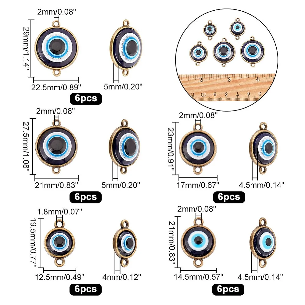 30 Pcs Turkey Eye Connectors 5 Different Sizes Bronze Evils Eye Pendants Flat Round Pendants for DIY Bracelet Decorative Crafts