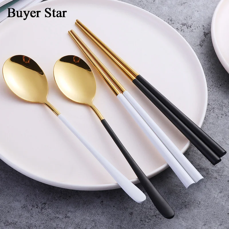 Buyer Star 10 Pairs Stainless Steel Chinese Traditional Chopsticks and Spoon 18/10 Flatware For Sushi Food Noodle Kitchen Hashi