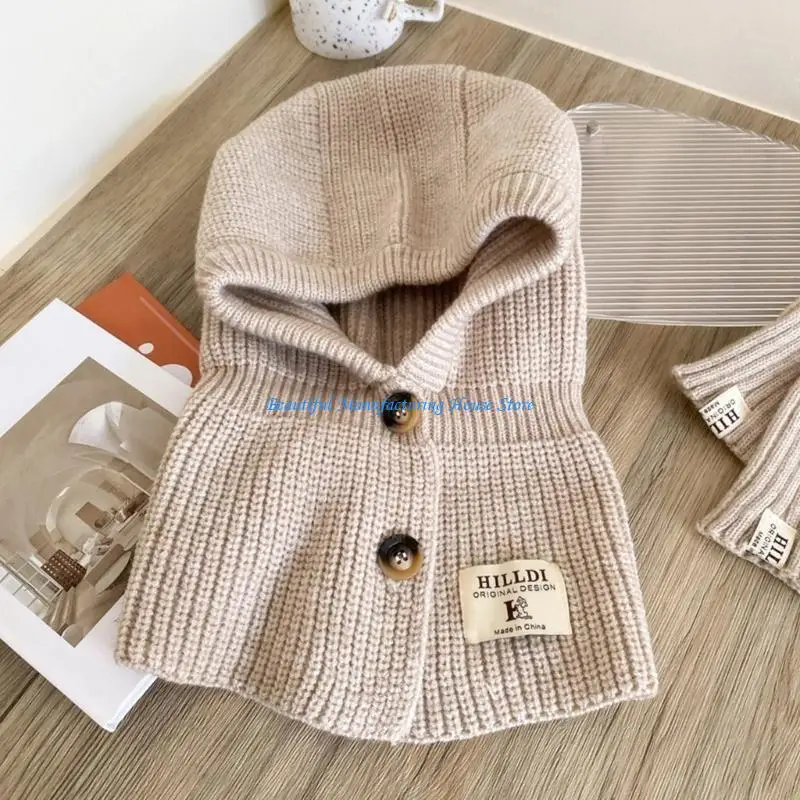 

E56A Hooded Hat Scarf OnePiece Scarf Knitted Beanie Hat Winter Knit Earflap