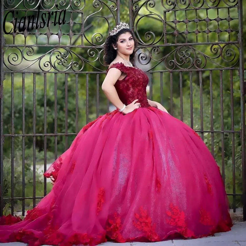 

Красные платья Quinceanera, бальное платье с открытыми плечами, кружевные аппликации, блестящие мексиканские милые платья 16, 15 Anos
