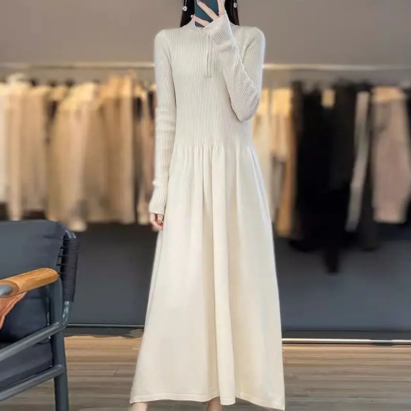 Vestido de emagrecimento com zíper meia forro cintura costurando malha mãe outono inverno feminino estilo francês camada base