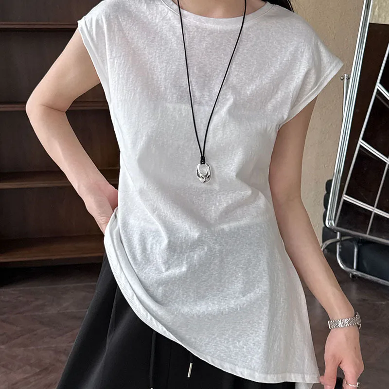 

Women T-shirt Irregular Lace Up Design Round Neck Short Sleeved Solid Color Simple Slim Fit Daily Casual Versatile Short Top