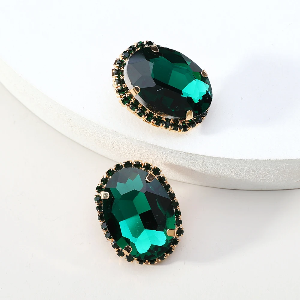 Fahion Oval Shiny Glass Glamorous Decor Big Stud Earrings For Women Luxury Brand Holiday Fairy Charm Jewelry Ear Accessories