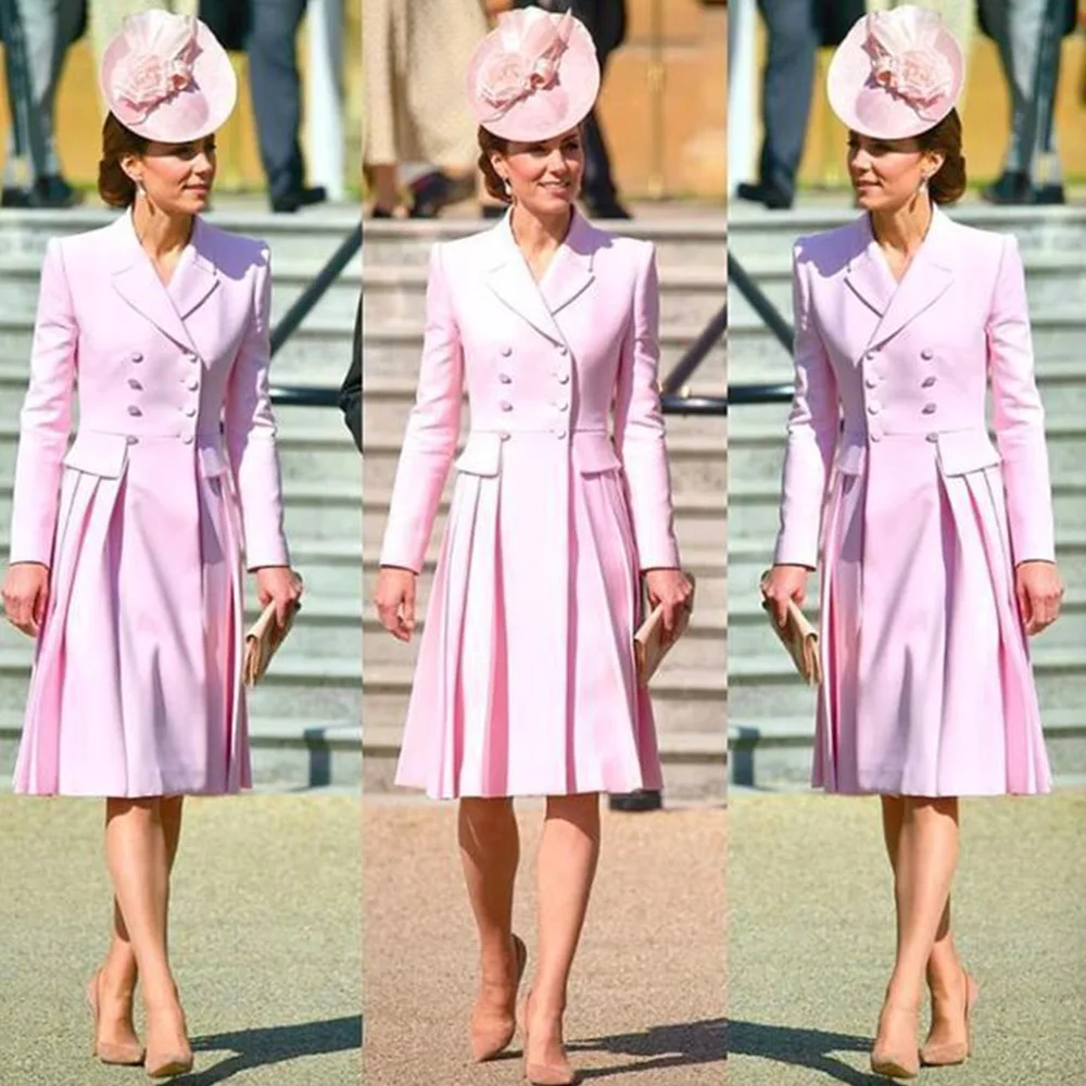 Celebrity Dress Pink Pleated V Neck Long Sleeves Knee Length Short Party Gowns for Women A Line Button Classic Formal Dress Midi