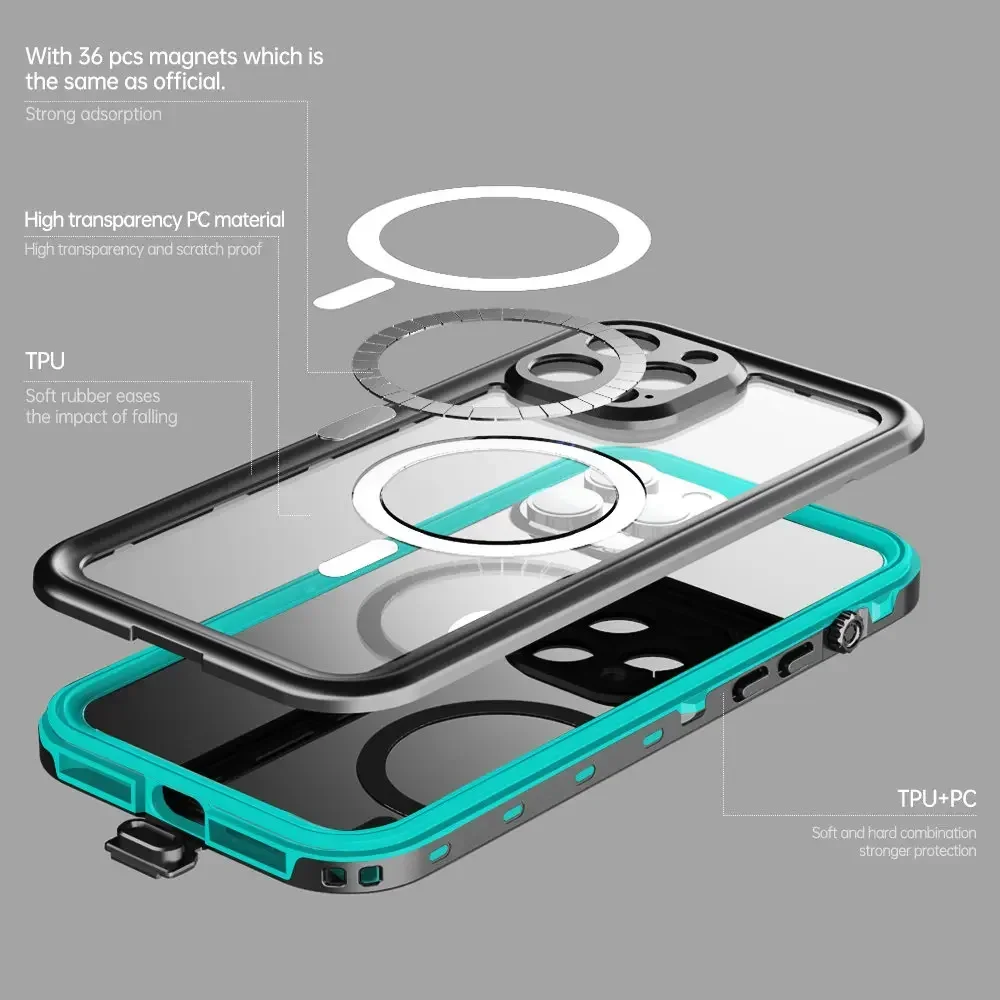 For iPhone14 15 Pro Waterproof Case IP68 Diving 360 Protect Magsafe Shockproof Coque iPhone 14 13 Pro Max 12 Mini 11 Water Proof
