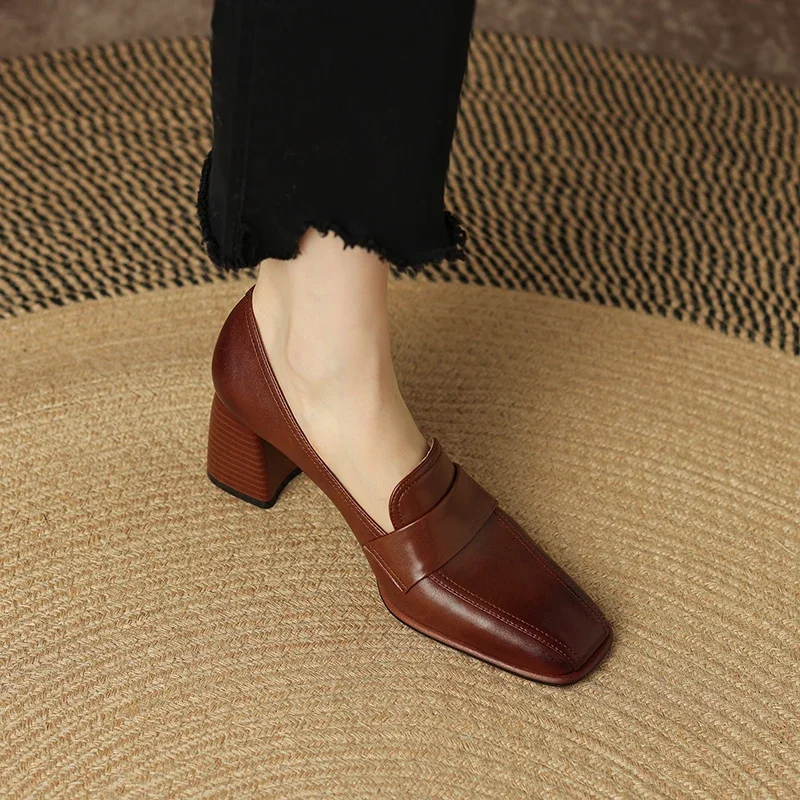 2023 Spring New GENUINE LEATHER Women Shoes LEISURE Women Slip-On Shallow Pumps Square Toe Heels Shoes Women Zapatos De Mujer