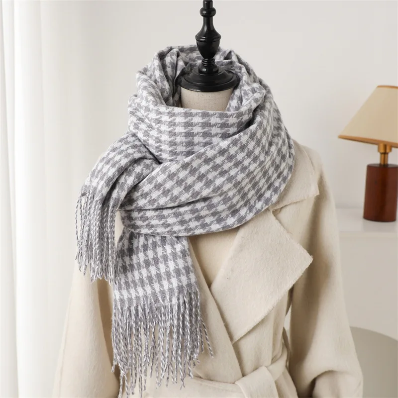 

Men Women Houndstooth Plaid Scarf Autumn Winter for Lady Fashion Keep Warm Long Scarves Thicken Tassel Shawl Outdoor Soft Warp