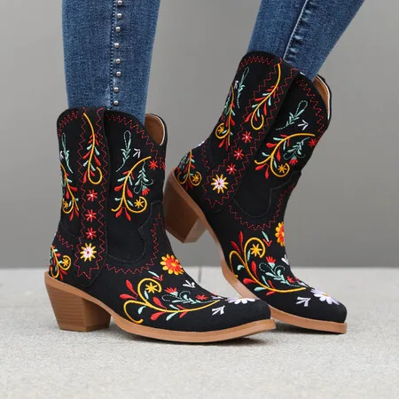 

New Style Women Pointed Toe Flowers Cowgirl Boots Wide Calf Embroidered Block Heel Pull-On Western Cowboy Boots