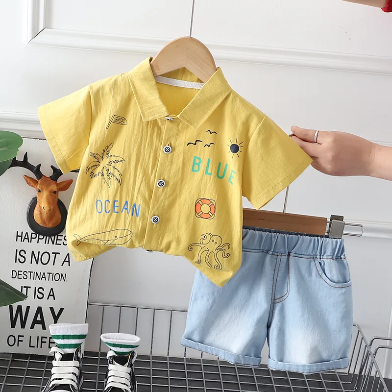 2024 Boutique Baby Boy Summer Sets Clothes for Kids Boys 2 To 3 Years Fashion Whale Printed Short Sleeve Shirts and Shorts Suits