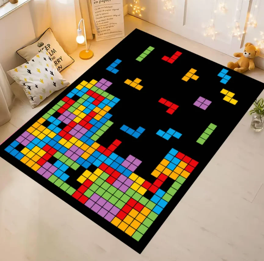 Retro Block Puzzle Rug, Arcade Gaming Area Rug, Colorful Pixel Art Carpet, Washable Non Slip Gamer Room Rug