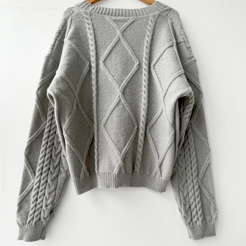 2024 Autumn Warm Knitted V-neck Long Sleeve Women's Grey Cardigans Coat Size S-3XL Fashion Solid Casual Grey Tops Sweater Women