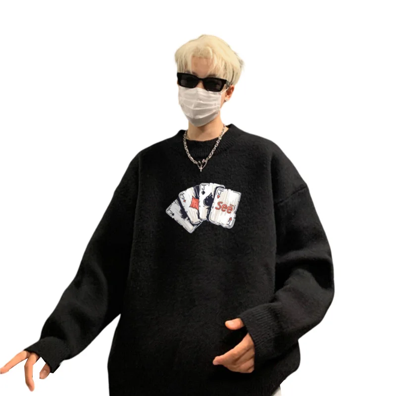 Sweter Pria Ukuran Besar Musim Gugur Putih Rajutan 5XL Motif Poker Fashion Pakaian Kasual untuk Pria Pullover Rajut Pakaian Pria