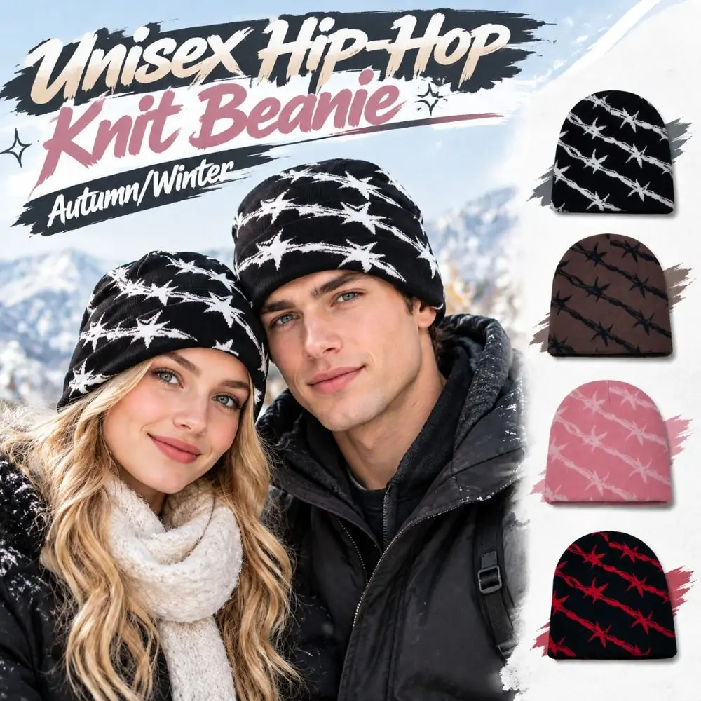 Hip-hop Warm Double Layer Knit Beanie Thickened Star Pattern Winter Skull Cap Stretchy Soft Knitted Hat Outdoor